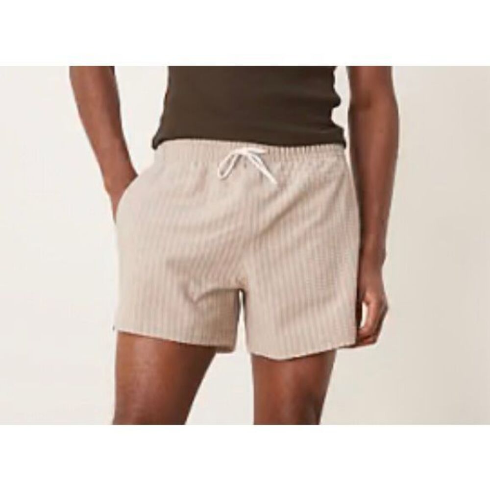 ABERCROMBIE & FITCH Tan Stripe Seersucker 5” Swim Shorts-S